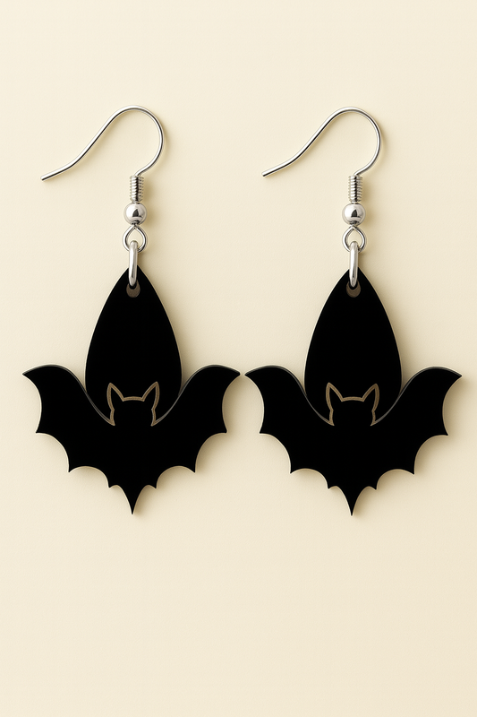 Black Acrylic Bat Earrings – Gothic Halloween Dangle Jewelry with Silver Hooks
