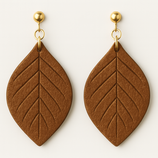 Deep-Engraved Dark Leather Leaf Earrings