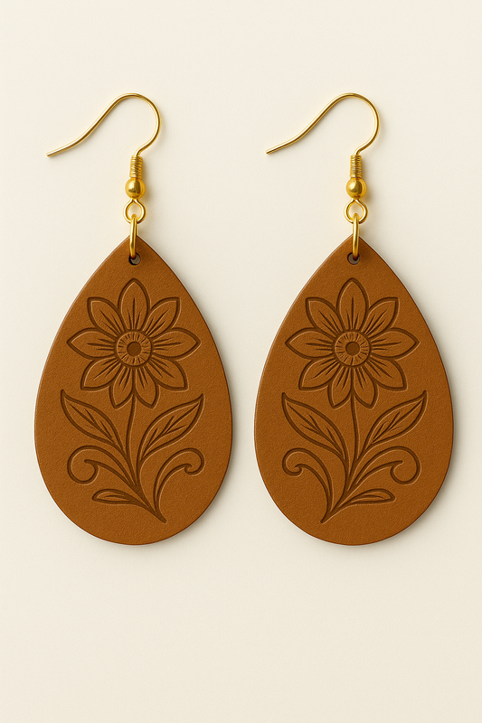 Tan Leather Floral Teardrop Earrings – Lightweight Engraved Flower Dangle Jewelry